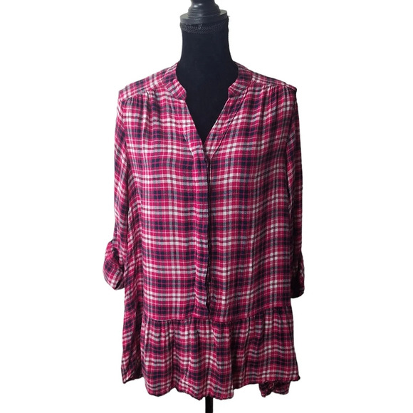 Lane Bryant Plaid Flannel Sz 18 Roll Tab Sleeves High Low Ruffle Hem Popover Top - Picture 2 of 16
